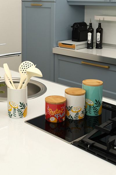 color house Set of 4 Lemon Ceramic Jars Sugar Bowl Tea Coffee Storage Container Spice Jar