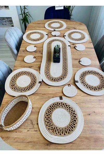 sfb 14 Piece Jute Serving Set Supla Coaster Bread Basket Handmade Natural Table Decor Set