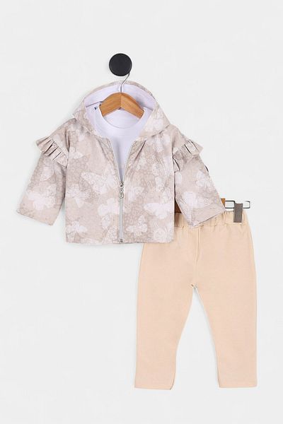 Ege Bebek Baby Girl Butterfly Printed Hooded Raincoat, Jacket, Seasonal, 2 Thread Bottom Top 3 Piece Set