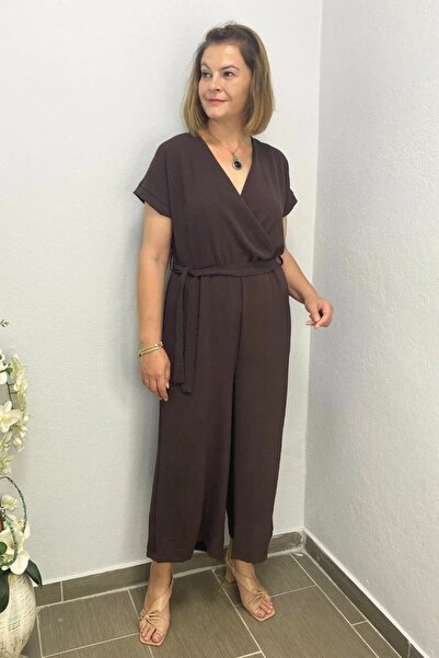 Mia Butik Women's Brown Double Breasted Collar Jumpsuit