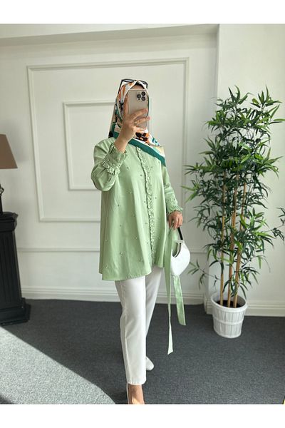Nisa Nalbantoğlu Water Green Stone Detailed Poplin Shirt