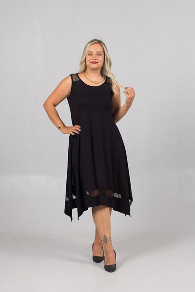 Truva XXL Shoulder Mesh Detailed Waist Flared Dress – Mesh Hem, Plus Size Stylish Dress