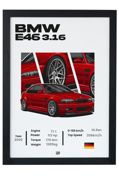 gxe.art Bmw E46 3.16 Tasarım Çerçeveli Poster Tablo