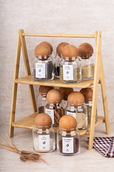 DNS HOME Set of 12 Glass Spice Jars with Bamboo Stand, Wooden Ball Lid, 300 ml Jar Set with Label Gift