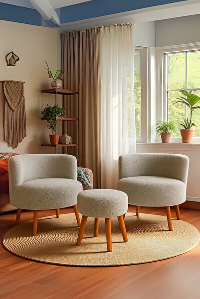 WoodyMaison MANOLYA Berjer Seti İkili Koltuk ve Puf Takımı Oturma odası balko...