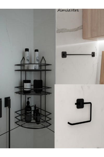 Egem Home Suport adeziv negru pentru colț de baie, cu 3 niveluri, suport pent...