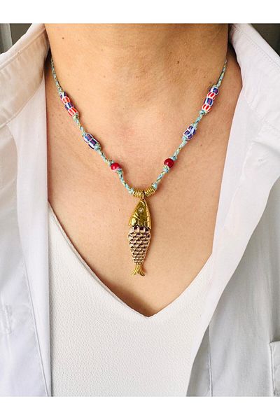 DEVİ fashion Steel Murano Glass Drawstring Fish Necklace 45 cm