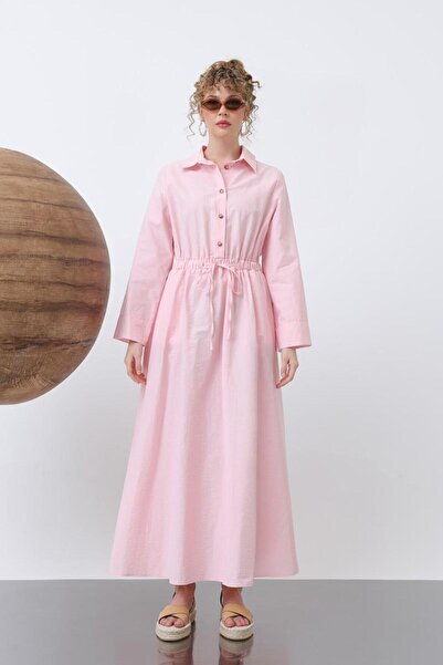 Puane Belden Bağlamalı Uzun Kollu Pembe Elbise 32243