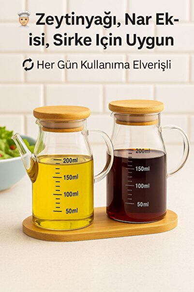 Open Home Concept Set of 2 Glass Oil Vinegar Set 200 ml Measured Borosilicate Glass Oil Pot + Bamboo Stand