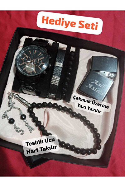 QUARTZ Özel Kutulu Hediyelik Çakmaklı Erkek Kombin Saat Seti Çakmak Tesbih Bi...