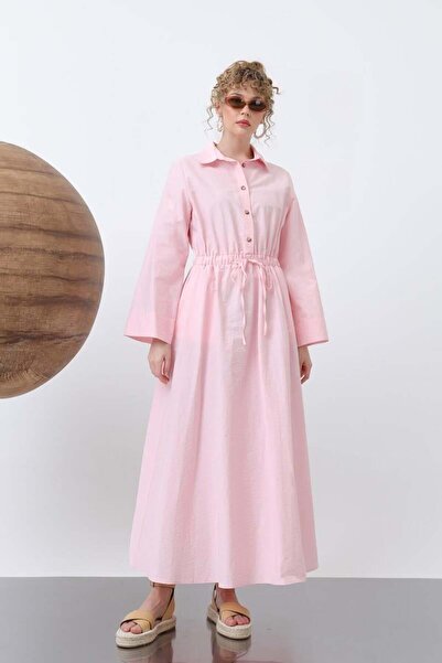Puane Belden Bağlamalı Uzun Kollu Pembe Elbise 32243