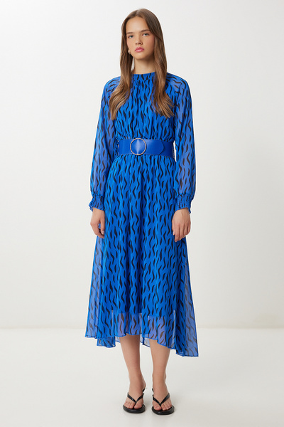 Lovelyİstanbul Φόρεμα σιφόν με μοτίβο με ζώνη LFG0085 ΜΠΛΕ ΜΑΥΡΟ