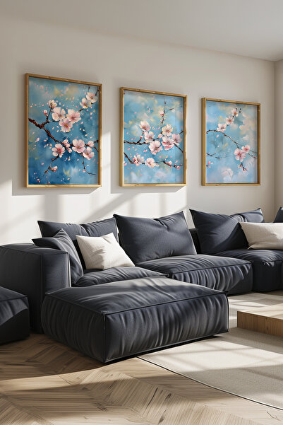 STARYUNA Yağlı boya efektli sakura çiçekli ahşap çerçeveli 3'lü tablo seti Yu...