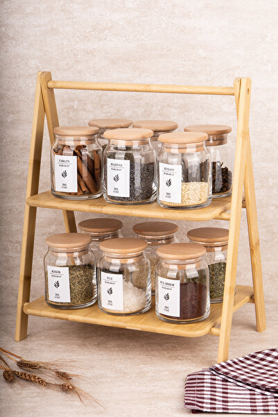 DNS HOME Set of 12 Glass Spice Jars with Bamboo Stand, Wooden Vacuum Lid, 300 ml Jar Set, Label Gift