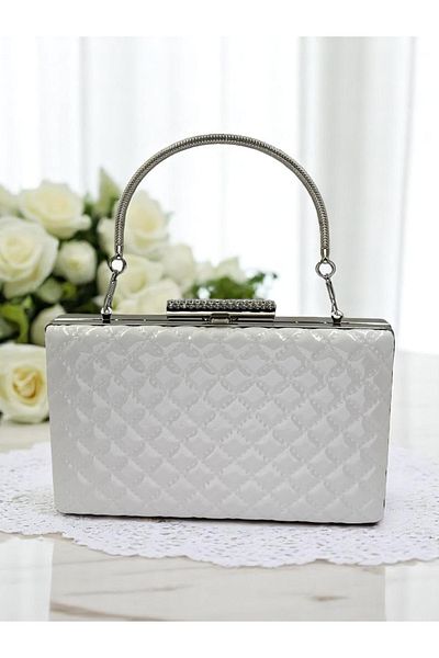 Wedding Fashion Alb de lux din piele lacuita maner metalic matlasat cu model geanta rochie de seara pentru femei nunta logodna absolvire