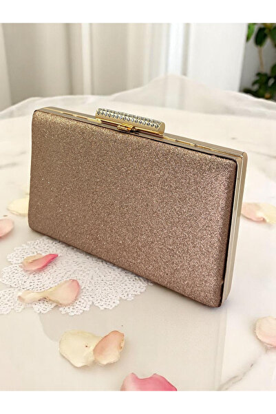 Wedding Fashion Geantă de seară pentru femei din metal sim cu pietre, importată, cu sclipici rosegold, anticoroziv, ideală pentru nuntă, logodnă sau absolvență.