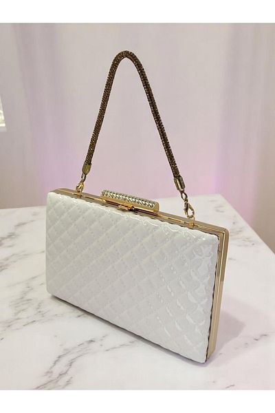 Wedding Fashion Mâner din piatră din piele lacuită albă de lux, cu model matlasat, geantă de rochie de seară pentru femei, nuntă, logodnă, absolvire