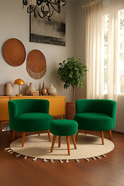 WoodyMaison MANOLYA Berjer Seti İkili Koltuk ve Puf Takımı Oturma odası balko...