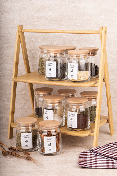 DNS HOME Set of 12 Glass Spice Jars with Bamboo Stand, Wooden Vacuum Lid, 300 ml Jar Set, Label Gift