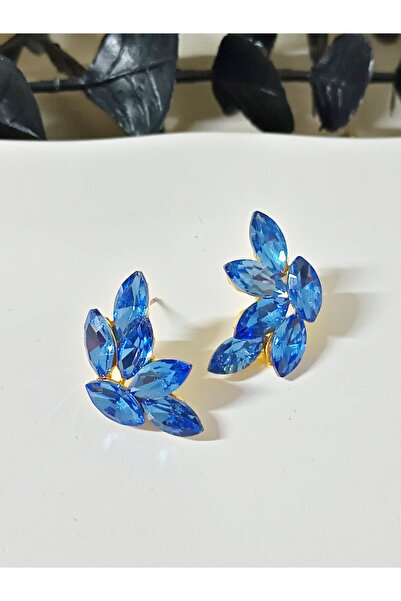 mos&more Mavi Taşlı Yaprak Şık Kadın Küpe