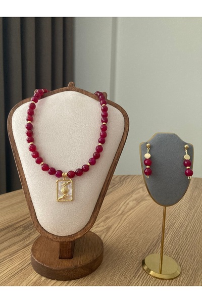 sadeart El Yapımı Pembe Akik Taşlı Kolye – Taşı El Göz Figürlü Kolye- Küpe Hediye – Doğal Taş Takı