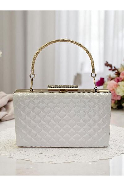 Wedding Fashion Alb de lux din piele lacuita maner metalic matlasat cu model geanta rochie de seara pentru femei nunta logodna absolvire