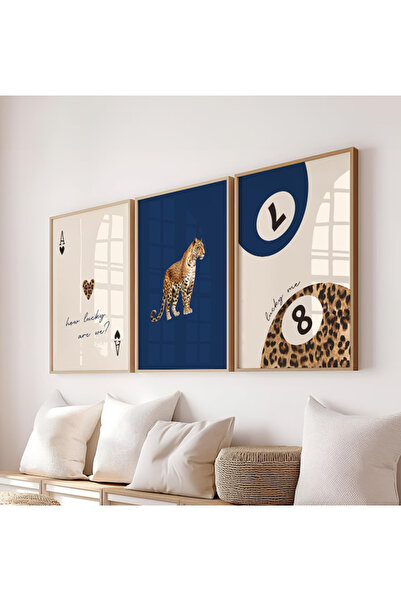 512 STORE 3'lü Leopar Desen Duvar Dekor Çerçevesiz Poster Tablo Blue Serisi Modern Salon Yatak Odası Poster