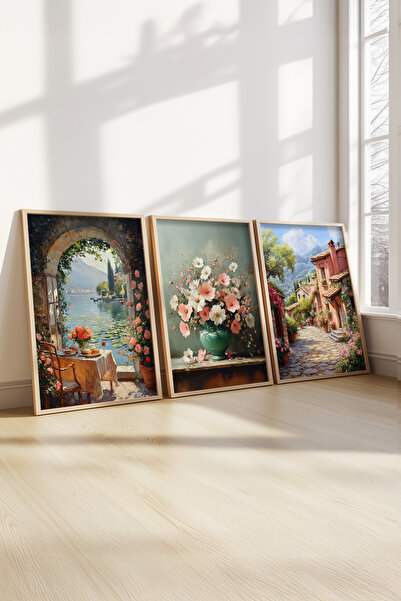 STARYUNA Yağlı boya efektli çiçekli manzaralı ahşap çerçeveli 3'lü tablo seti...