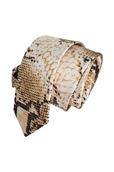 Exve Exclusive Beige Gold Black Snakeskin Pattern Printed Thin Fashion Slim Tie