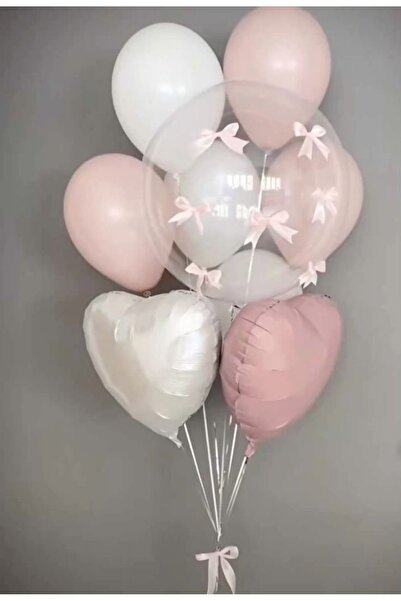 Çemrek Süs Parti Pembe Fiyonklu Pudra Beyaz Balon Demeti Seti 13 lü