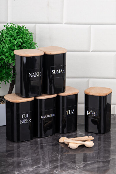 DNS HOME Set of 6 250 ml Vacuum Bamboo Wooden Lid and Spoon Black Acrylic Spice Rack Set with Label Gift