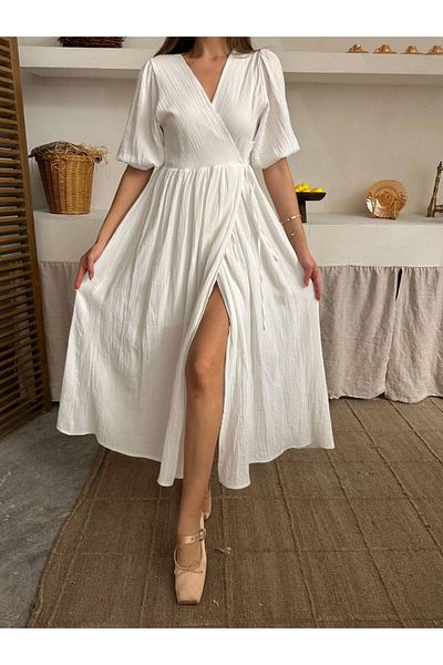 369 etnik butik Waist Tie V Neck Cotton Textured Maxi Dress - Short Sleeve - Slit Detail