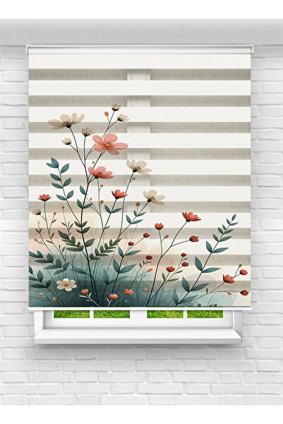 White Rose Design Kır Çiçekleri Desenli Baskılı Zebra Perde