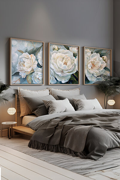 STARYUNA Yağlı boya efektli beyaz güllü tablo, ahşap çerçeveli 3'lü tablo set...