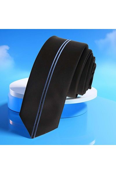 Exve Exclusive Double Blue Stripes in the Middle of Black Custom Cut Slim Fashion Slim Tie
