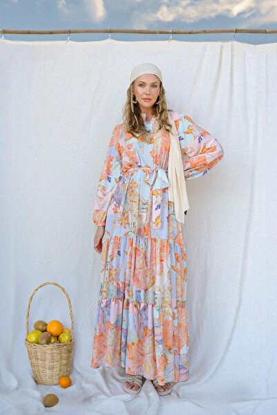 Puane Floral Patterned Orange Dress 12634