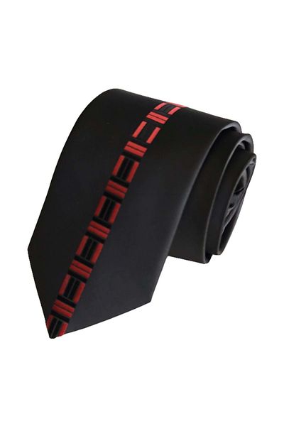 Exve Exclusive Black Red Center Patterned Special Cut Italian Tie