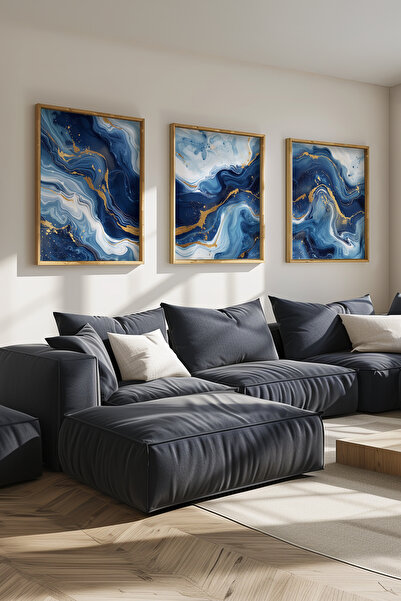 STARYUNA Mermer efektli lacivert tablo, ahşap çerçeveli 3'lü tablo seti Yuna169
