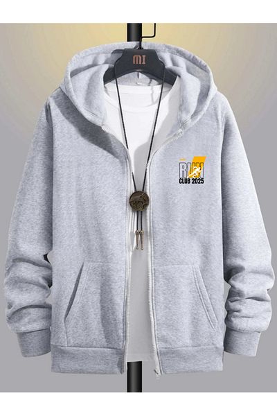 DEEPSENSE Men's Gray Hooded Zippered Oversize Sweatshirt Jacket Cardigan