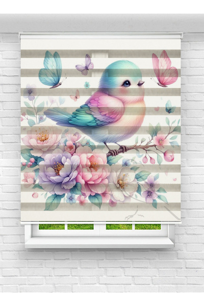 White Rose Design Renkli Kuş ve Çiçek Desenli Baskılı Zebra Perde