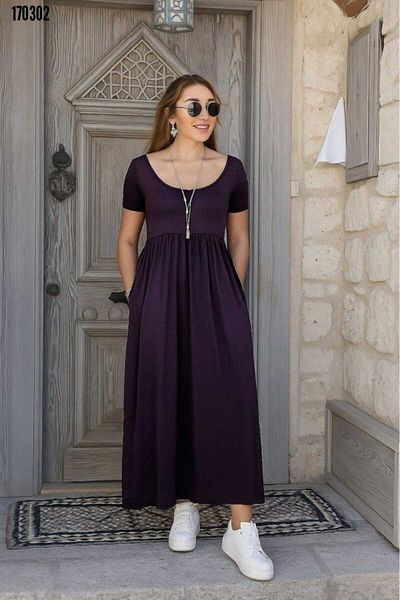 Cbm Women's Short-Sleeve Round Neck Front Slit Pocket Viscose Long Dress Necklace Gift