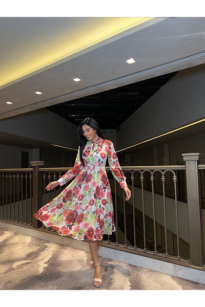 mass fashion Women's Floral Patterned Tie Detail Cuffed Siphon Dress