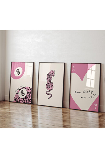 512 STORE Estetik 3'lü Leopar Pink Duvar Dekor Çerçevesiz Poster Heart Bilardo Topu
