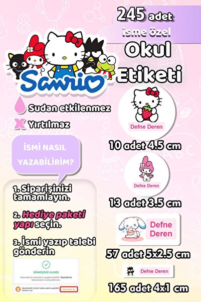 Sticker Ekspres Okul Etiketi Sanrio Temalı Kalem Defter Etiketi Özel İsim Yaz...