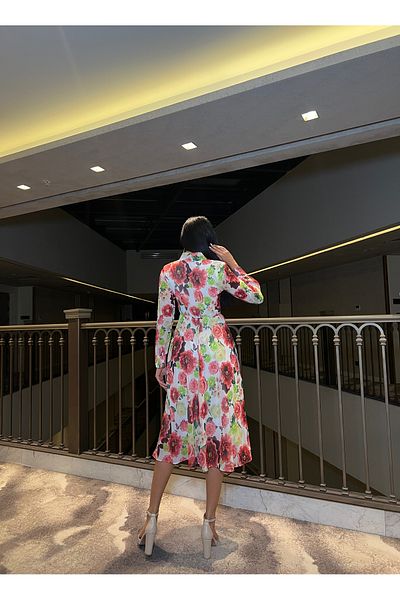 mass fashion Women's Floral Patterned Tie Detail Cuffed Siphon Dress