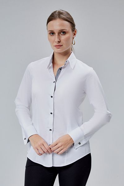 FARQIN White Cotton Satin Lycra King Striped Fabric and Button Detailed Slim Fit Women's Shirt
