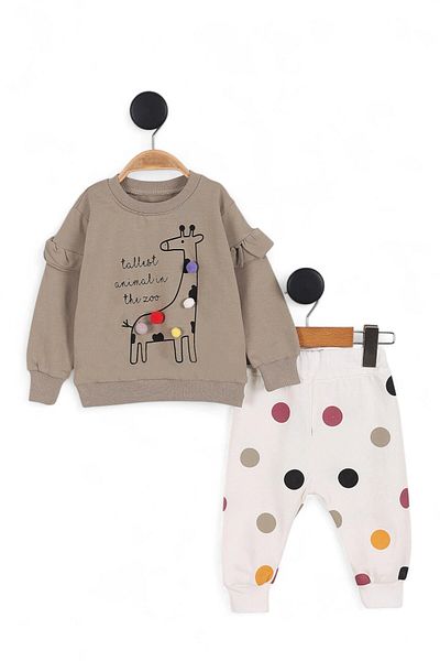 Ege Bebek Baby Girl Pompom Giraffe Printed 3-18 Months Seasonal 2-Piece Bottom Top Set