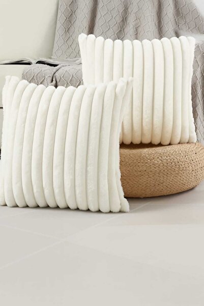 EVREKA 4'lÜ Peluş Krem Beyaz Çift Taraflı Dekoratif Modern Yıkanabilir Kırlent Kılıfı,Yastık Kılıfı