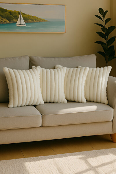 EVREKA 4'lÜ Peluş Krem Beyaz Çift Taraflı Dekoratif Modern Yıkanabilir Kırlent Kılıfı,Yastık Kılıfı