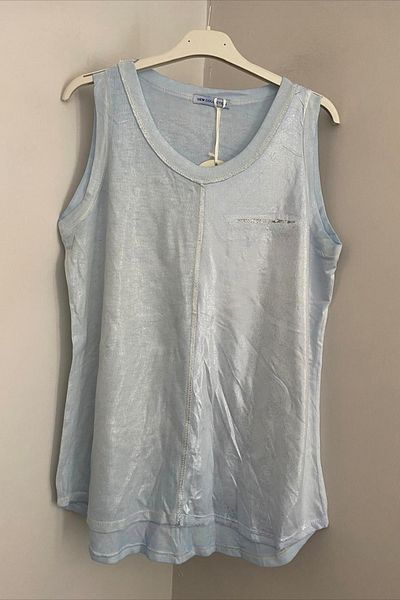 AYASOFYA OTANTIK Women's Italian Baby Blue Round Neck Front Side Glitter Sleeveless Zero Sleeve Blouse